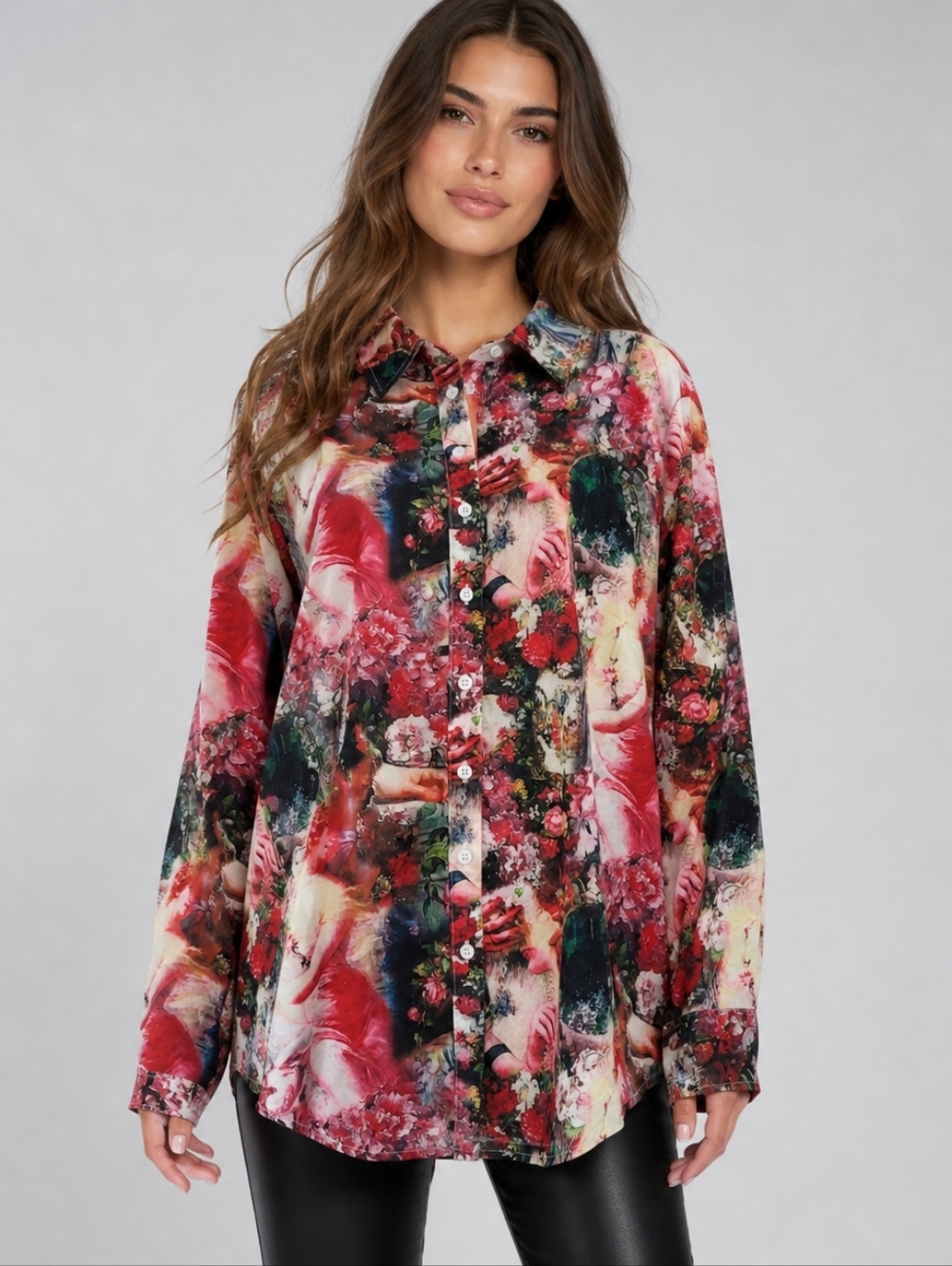 PRETTYLITTLETHING Size 6/UK 10 Floral Renaissance Oversized Button Front Shirt